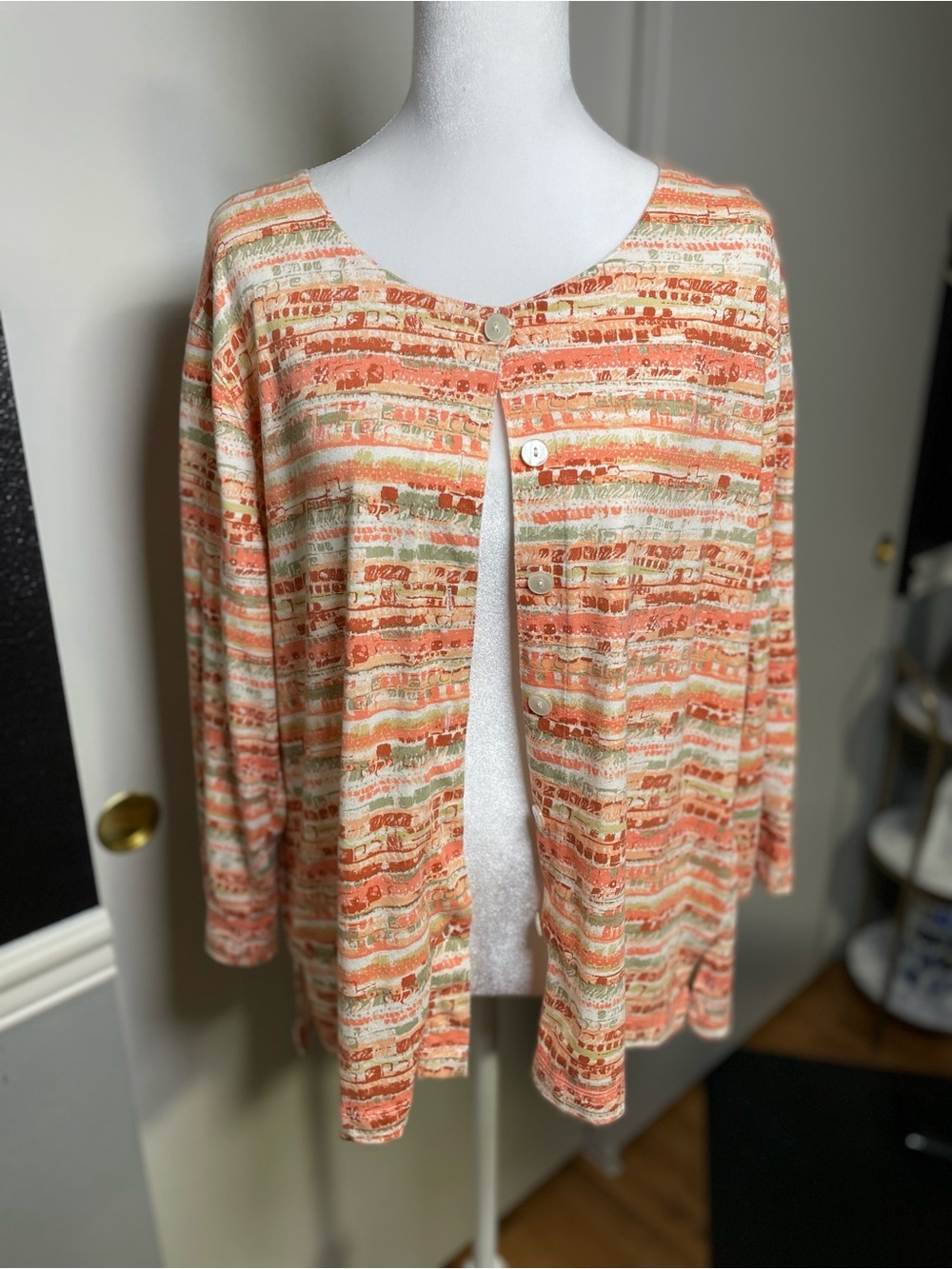 Coral and Cream Striped Button-Front Cardigan